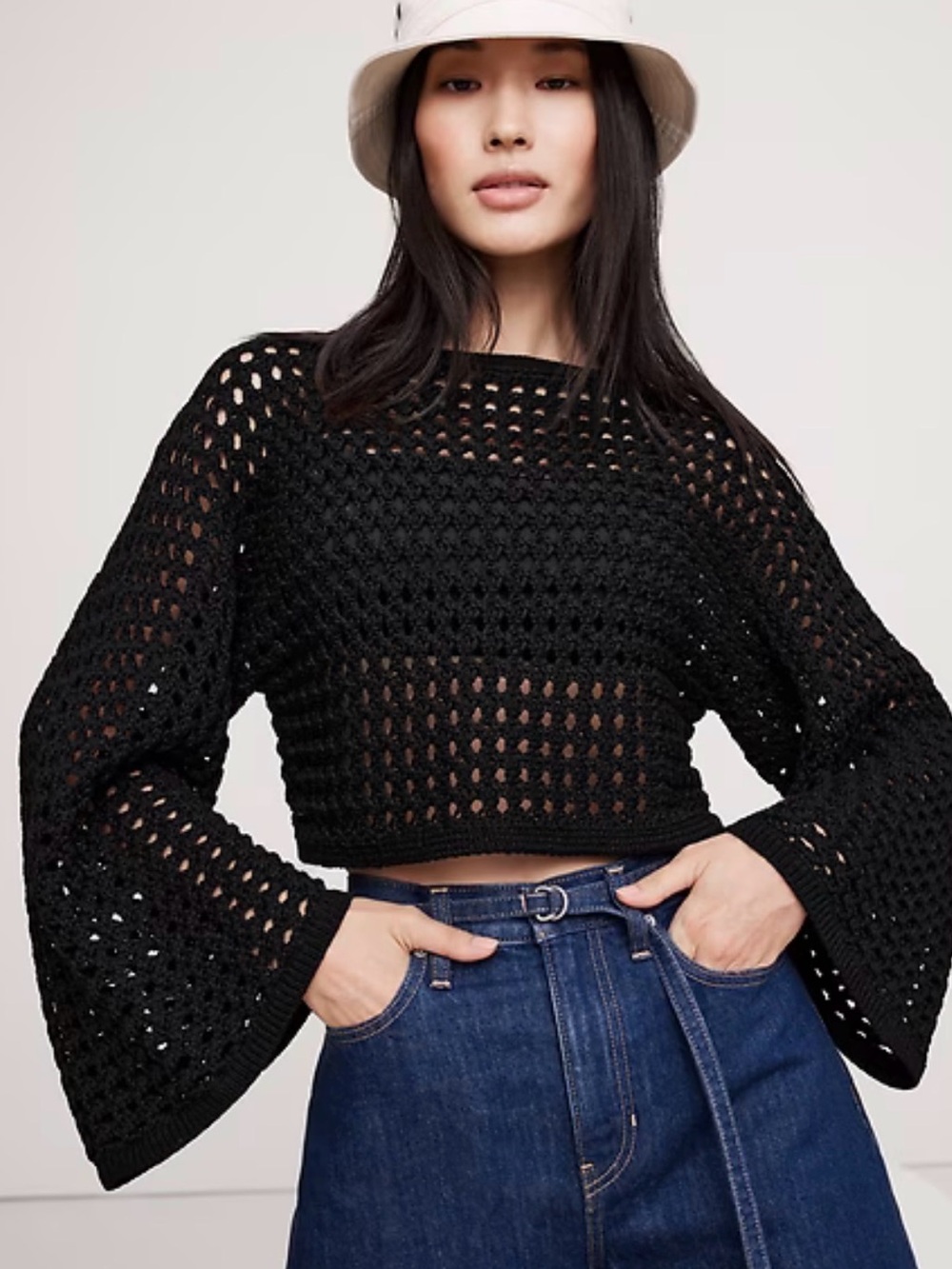 Banana Republic Black Crochet Openwork cropped Crewneck Sweater, bell sleeve NWT - Picture 10 of 10